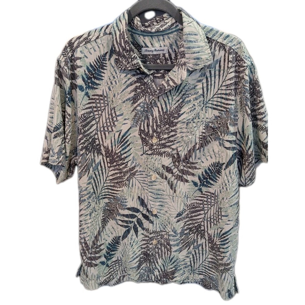 Tommy Bahama Mens L Silk Blend Floral Leaf Hawaiian Button Up Camp Resortwear